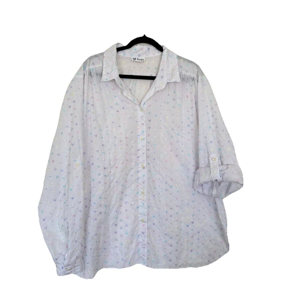 Vintage 80s All Hours Top Womens Embroidered Floral Oversized Roll Tab Sz 44/XL